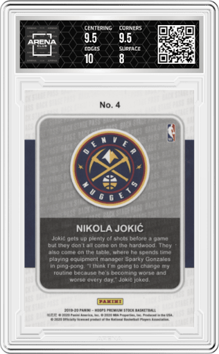Nikola Jokic from the 2019-20 Panini Hoops Premium Stock set graded by Arena Club and given an overall grade of 8.5.