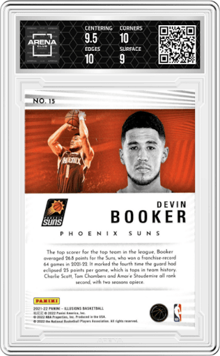 Devin Booker from the 2021-22 Panini Illusions set featuring a Emerald parallel graded by Arena Club and given an overall grade of 9.5.