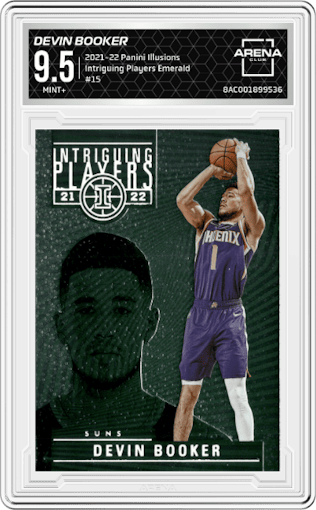 Devin Booker from the 2021-22 Panini Illusions set featuring a Emerald parallel graded by Arena Club and given an overall grade of 9.5.