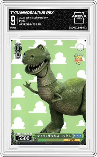 Tyrannosaurus Rex from the 2022 Weiss Schwarz JPN set graded by Arena Club and given an overall grade of 9.