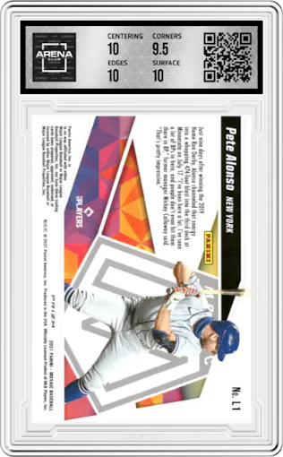 Pete Alonso from the 2021 Panini Mosaic  set featuring a Green Mosaic parallel graded by Arena Club and given an overall grade of 10.