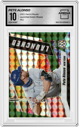 Pete Alonso from the 2021 Panini Mosaic  set featuring a Green Mosaic parallel graded by Arena Club and given an overall grade of 10.