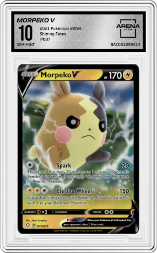 Morpeko V from the 2021 Pokemon SWSH set graded by Arena Club and given an overall grade of 10.