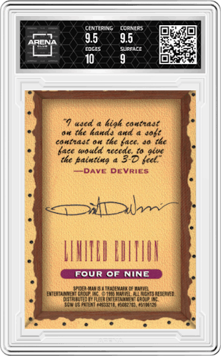Spider-Man from the 1995 Fleer Ultra Spider-Man  set graded by Arena Club and given an overall grade of 9.5.