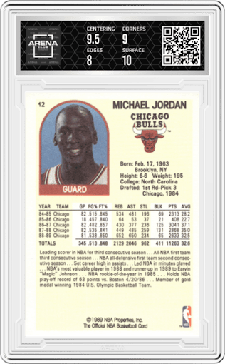 Michael Jordan from the 1989-90 Hoops Superstars set graded by Arena Club and given an overall grade of 8.5.