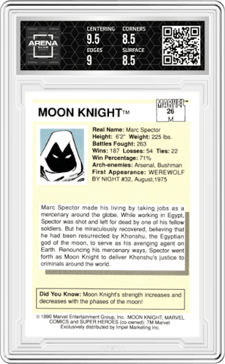 Moon Knight from the 1990 Impel Marvel Universe  set graded by Arena Club and given an overall grade of 9.