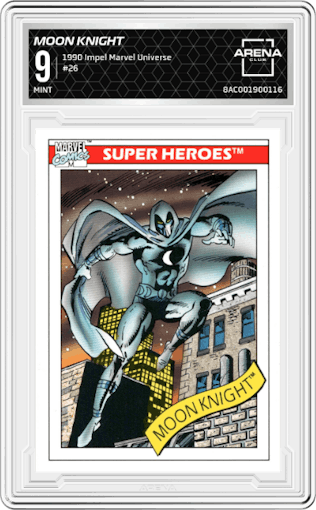 Moon Knight from the 1990 Impel Marvel Universe  set graded by Arena Club and given an overall grade of 9.