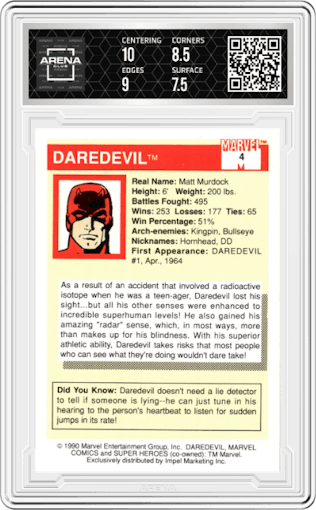 Daredevil from the 1990 Impel Marvel Universe  set graded by Arena Club and given an overall grade of 8.
