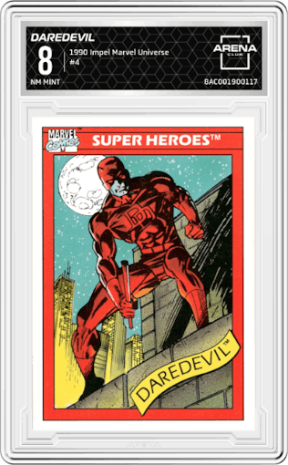 Daredevil from the 1990 Impel Marvel Universe  set graded by Arena Club and given an overall grade of 8.