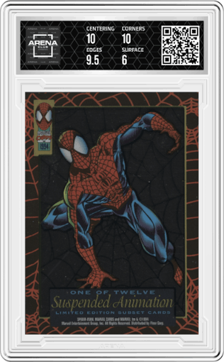 Spider-Man from the 1994 Fleer Amazing/Spider-Man set graded by Arena Club and given an overall grade of 6.5.