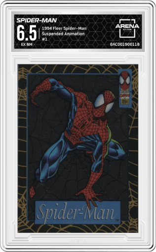 Spider-Man from the 1994 Fleer Amazing/Spider-Man set graded by Arena Club and given an overall grade of 6.5.