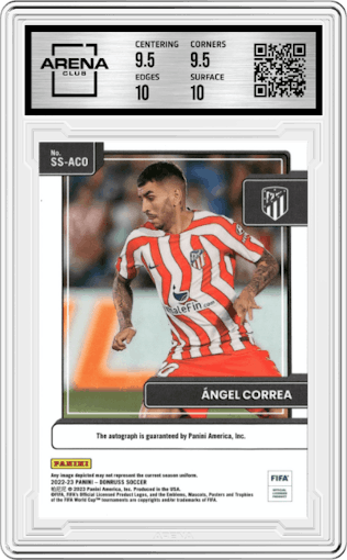 Angel Correa from the 2022-23 Donruss Soccer FIFA set graded by Arena Club and given an overall grade of 10.