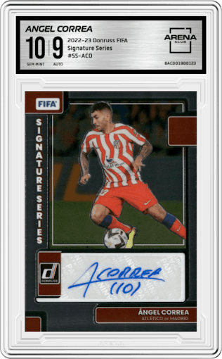 Angel Correa from the 2022-23 Donruss Soccer FIFA set graded by Arena Club and given an overall grade of 10.