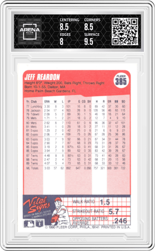 Jeff Reardon from the 1990 Fleer  set graded by Arena Club and given an overall grade of 8.5.