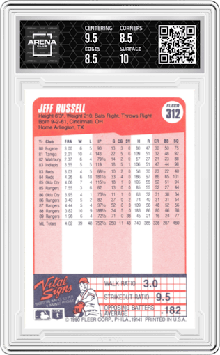 Jeff Russell from the 1990 Fleer  set graded by Arena Club and given an overall grade of 9.