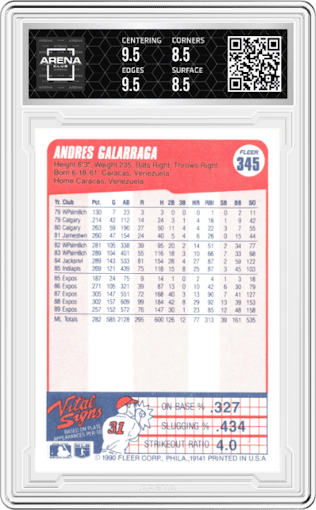 Andres Galarraga from the 1990 Fleer  set graded by Arena Club and given an overall grade of 9.