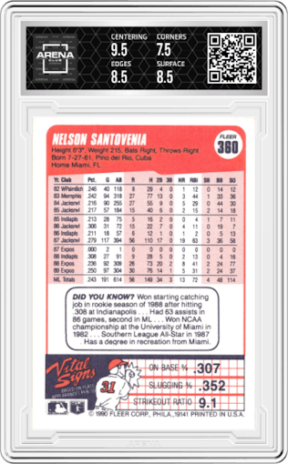 Nelson Santovenia from the 1990 Fleer  set graded by Arena Club and given an overall grade of 8.