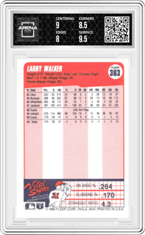 Larry Walker from the 1990 Fleer  set graded by Arena Club and given an overall grade of 8.5.