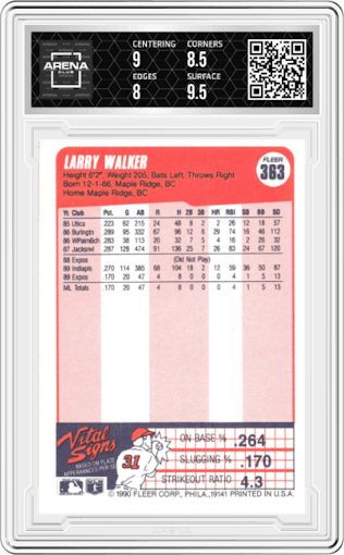 Larry Walker from the 1990 Fleer  set graded by Arena Club and given an overall grade of 8.5.