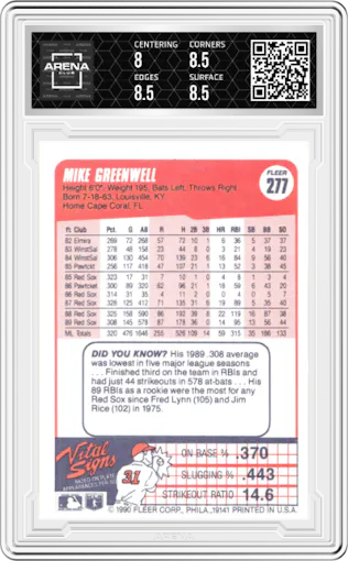 Mike Greenwell from the 1990 Fleer  set graded by Arena Club and given an overall grade of 8.5.