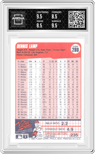 Dennis Lamp from the 1990 Fleer  set graded by Arena Club and given an overall grade of 9.