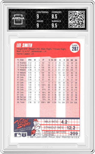 Lee Smith from the 1990 Fleer  set graded by Arena Club and given an overall grade of 9.
