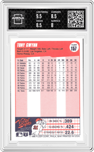 Tony Gwynn  from the 1990 Fleer  set graded by Arena Club and given an overall grade of 8.5.