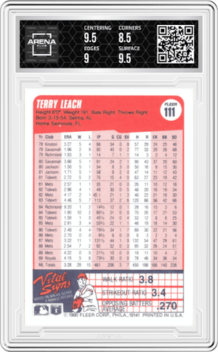 Terry Leach from the 1990 Fleer  set graded by Arena Club and given an overall grade of 9.