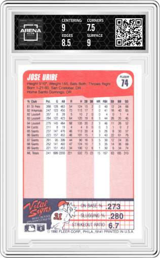Jose Uribe from the 1990 Fleer  set graded by Arena Club and given an overall grade of 8.