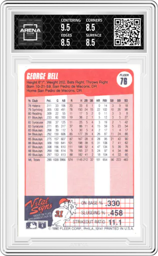 George Bell from the 1990 Fleer  set graded by Arena Club and given an overall grade of 9.