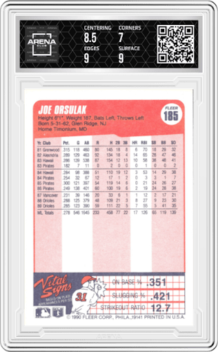 Joe Orsulak from the 1990 Fleer  set graded by Arena Club and given an overall grade of 7.5.