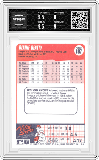 Blaine Beatty from the 1990 Fleer  set graded by Arena Club and given an overall grade of 8.5.
