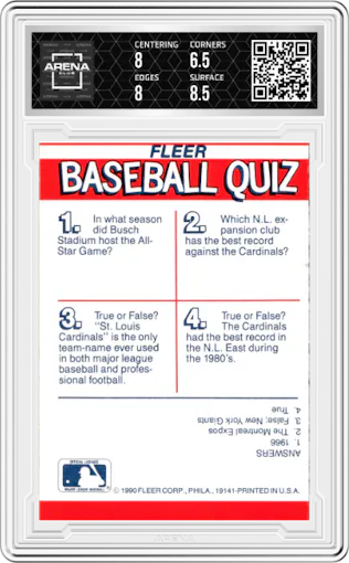 St. Louis Cardinals from the 1990 Fleer  set graded by Arena Club and given an overall grade of 7.