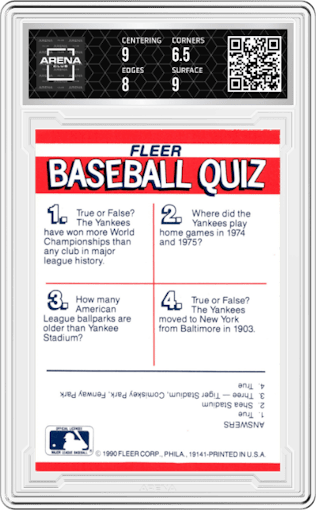 New York Yankees from the 1990 Fleer  set graded by Arena Club and given an overall grade of 7.