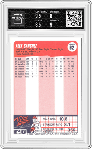 Alex Sanchez from the 1990 Fleer  set graded by Arena Club and given an overall grade of 8.5.
