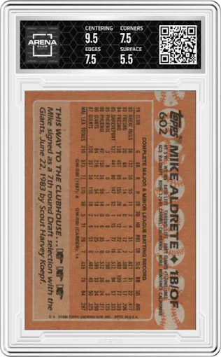 Mike Aldrete from the 1988 Topps set graded by Arena Club and given an overall grade of 6.