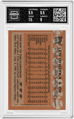Len Dykstra from the 1988 Topps set graded by Arena Club and given an overall grade of 6.