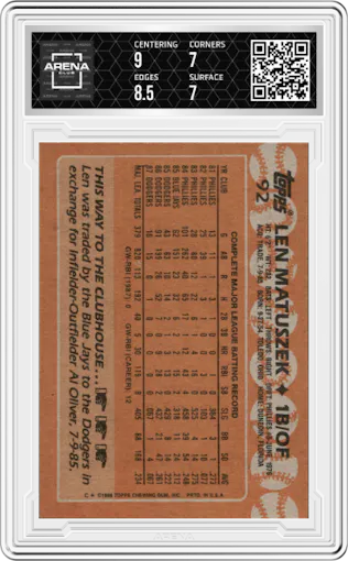 Len Matuszek from the 1988 Topps set graded by Arena Club and given an overall grade of 7.5.