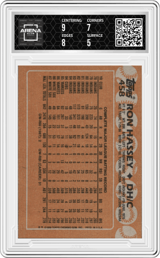 Ron Hassey from the 1988 Topps set graded by Arena Club and given an overall grade of 5.5.