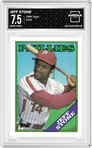Jeff Stone from the 1988 Topps set graded by Arena Club and given an overall grade of 7.5.
