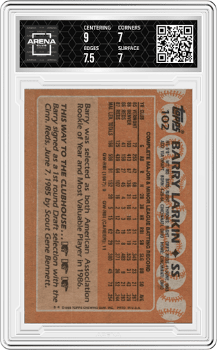 Barry Larkin from the 1988 Topps set graded by Arena Club and given an overall grade of 7.5.