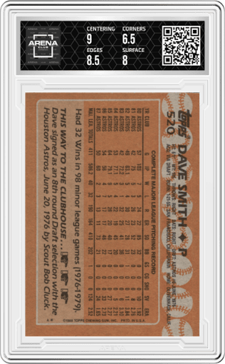 Dave Smith from the 1988 Topps set graded by Arena Club and given an overall grade of 7.