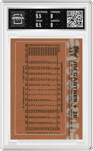 Jim Gantner from the 1988 Topps set graded by Arena Club and given an overall grade of 8.5.
