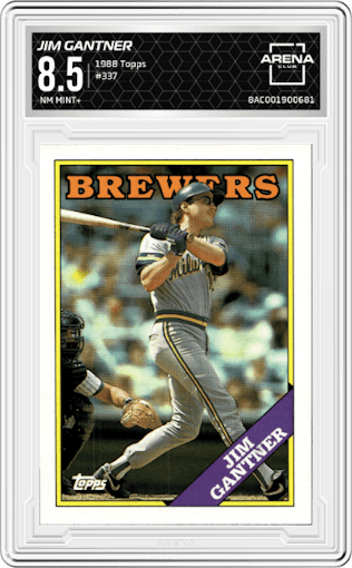 Jim Gantner from the 1988 Topps set graded by Arena Club and given an overall grade of 8.5.