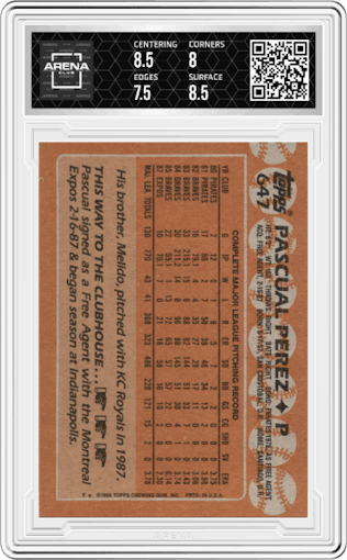 Pascual Perez from the 1988 Topps set graded by Arena Club and given an overall grade of 8.