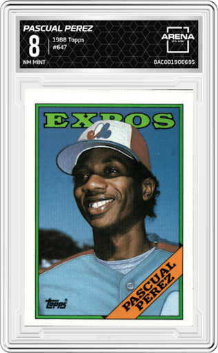 Pascual Perez from the 1988 Topps set graded by Arena Club and given an overall grade of 8.