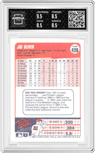 Joe Oliver from the 1990 Fleer  set graded by Arena Club and given an overall grade of 9.