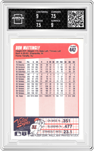 Don Mattingly from the 1990 Fleer  set graded by Arena Club and given an overall grade of 8.