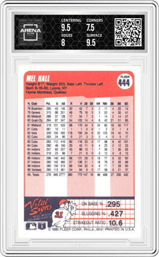 Mel Hall from the 1990 Fleer  set graded by Arena Club and given an overall grade of 8.