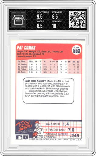 Pat Combs from the 1990 Fleer  set graded by Arena Club and given an overall grade of 7.